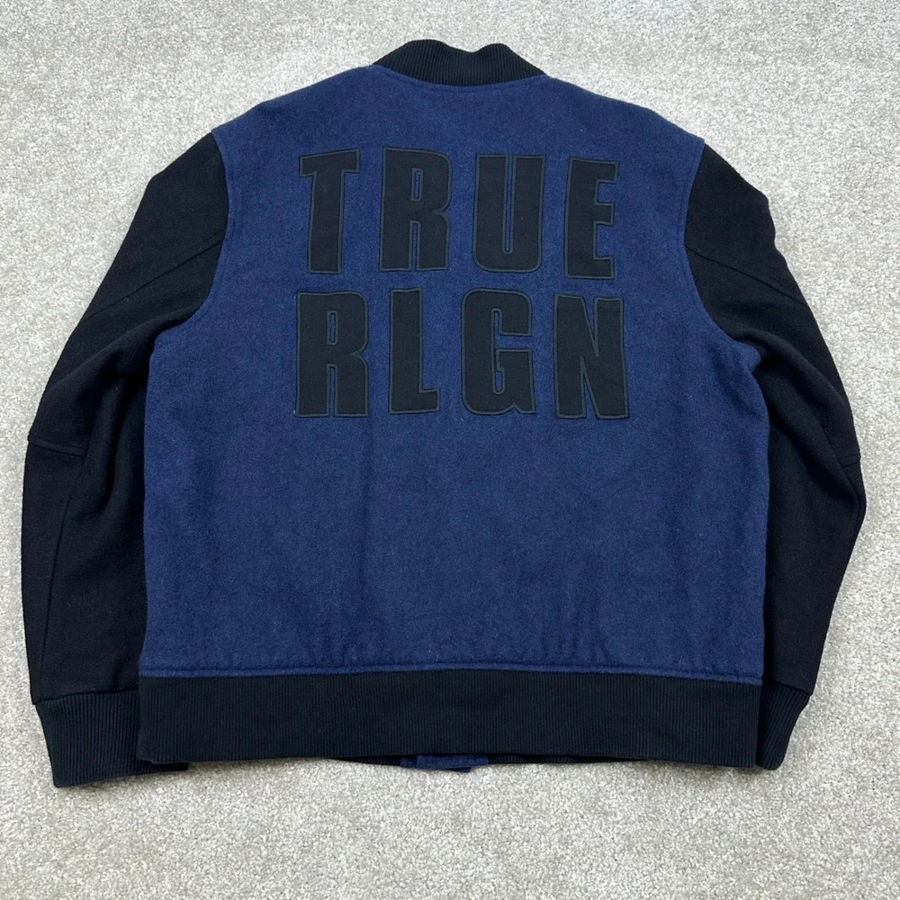 True Religion Mens Wool Blend Varsity Bomber Jacket Navy Black XL TRUE RLGN Logo